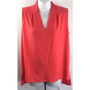 Tahari Sleeveless flowy Pleated top M coral Silky liquid knit slits Y2K Career